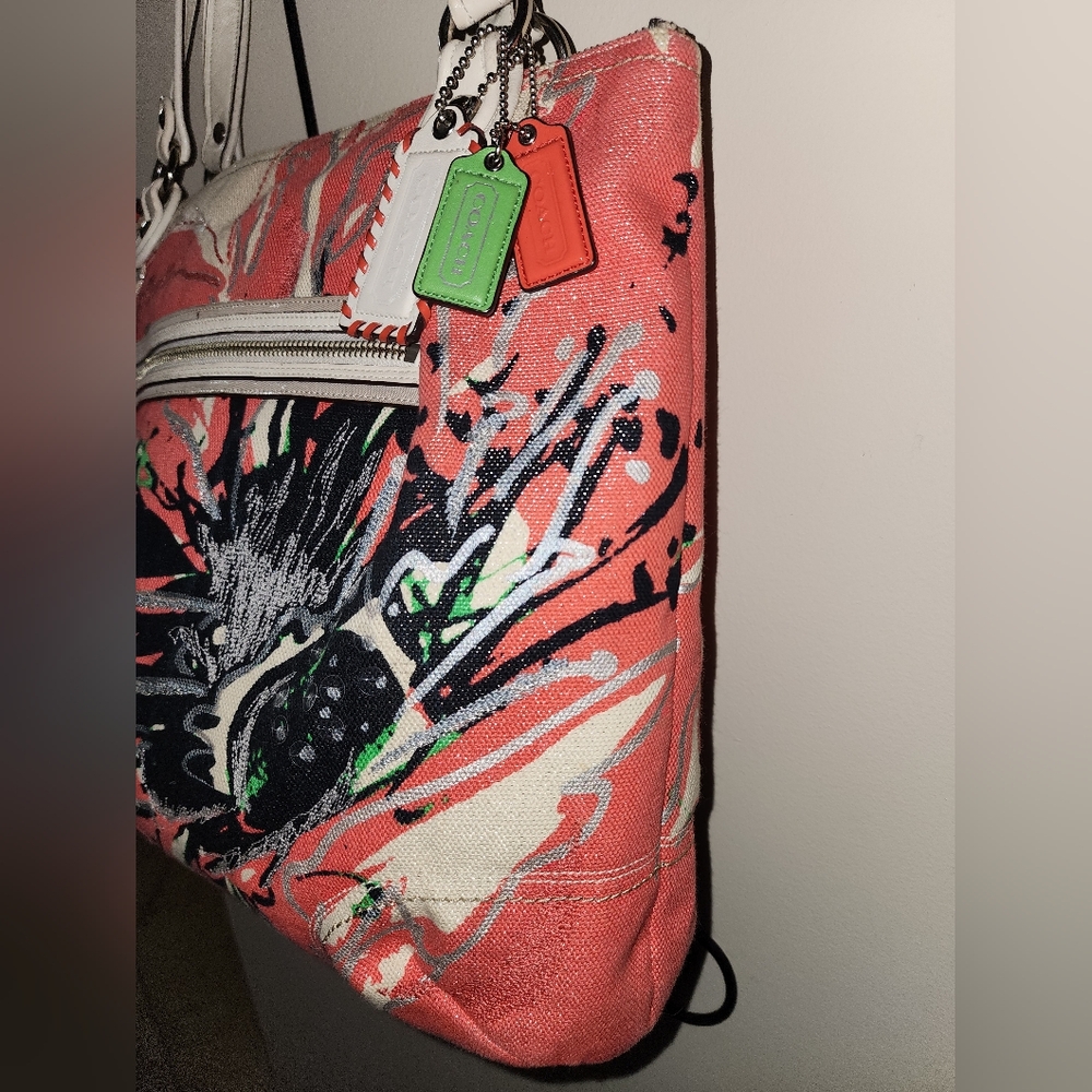 Coach Poppy Leather Canvas Sequins Floral Paint Splash Embroided Purse Tote Pink - Picture 6 of 16
